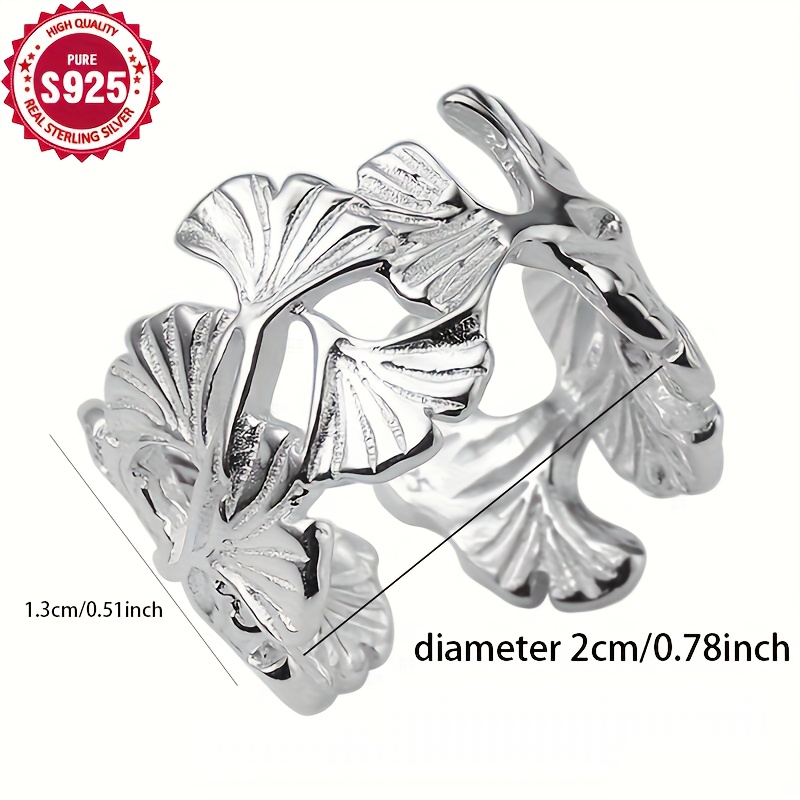 925 Silver Wide Ginkgo Leaf Ring Elegant Design